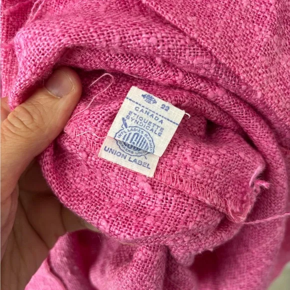 Vintage Pink woven Linen Blend Dress Lace Trim Bell Sleeve Cottagecore 70s 80s - Picture 8 of 12